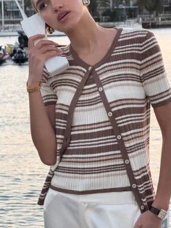 Clearance Djerf Avenue Knitted Short Sleeve Cardigan Brown Stripe
