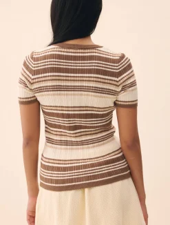 Clearance Djerf Avenue Knitted Short Sleeve Cardigan Brown Stripe