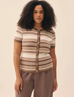 Clearance Djerf Avenue Knitted Short Sleeve Cardigan Brown Stripe