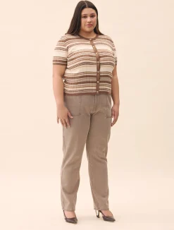 Clearance Djerf Avenue Knitted Short Sleeve Cardigan Brown Stripe
