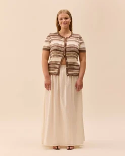 Clearance Djerf Avenue Knitted Short Sleeve Cardigan Brown Stripe