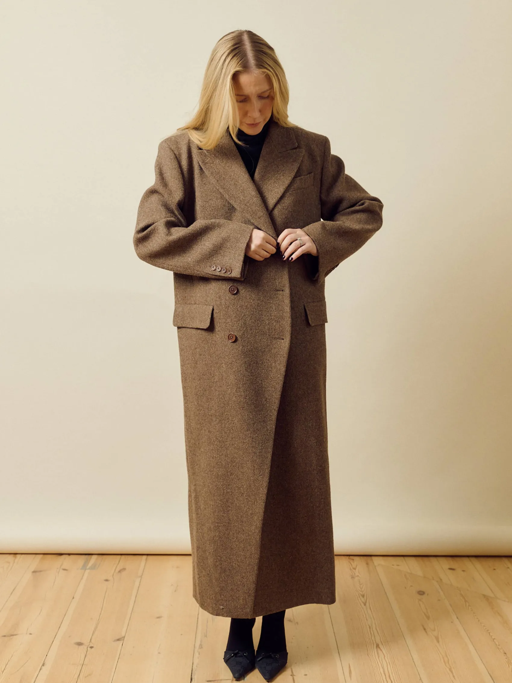Outlet Djerf Avenue Long Wool Coat Brown Herringbone