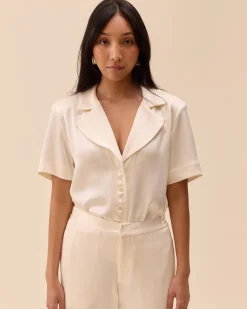 Outlet Djerf Avenue Satin Short Sleeve Blouse Ivory