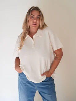 Discount Djerf Avenue Textured Polo Top Cream